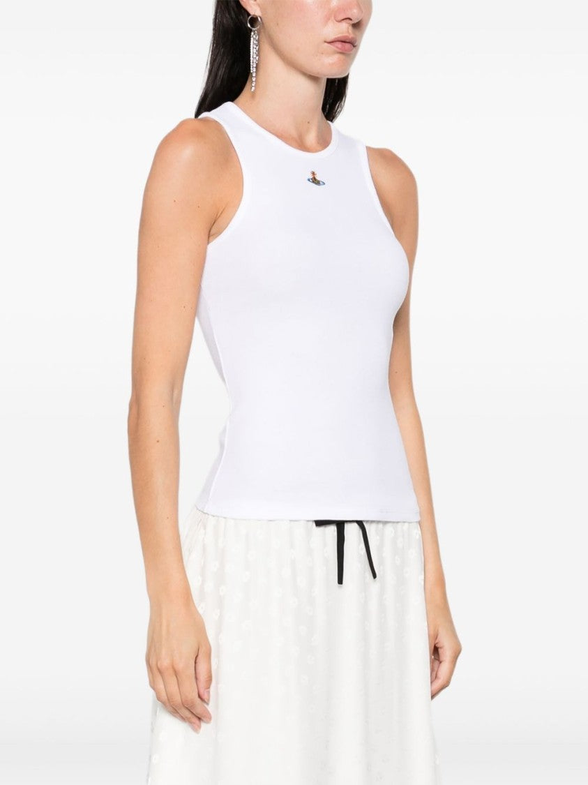 Vivienne Westwood White Ribbed Sleeveless Orb Emblem Top
