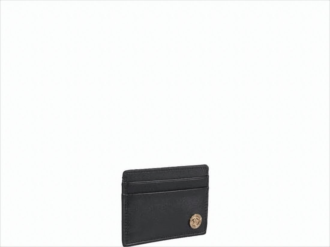 Versace Sleek Black Leather Card Wallet With Gold Emblem