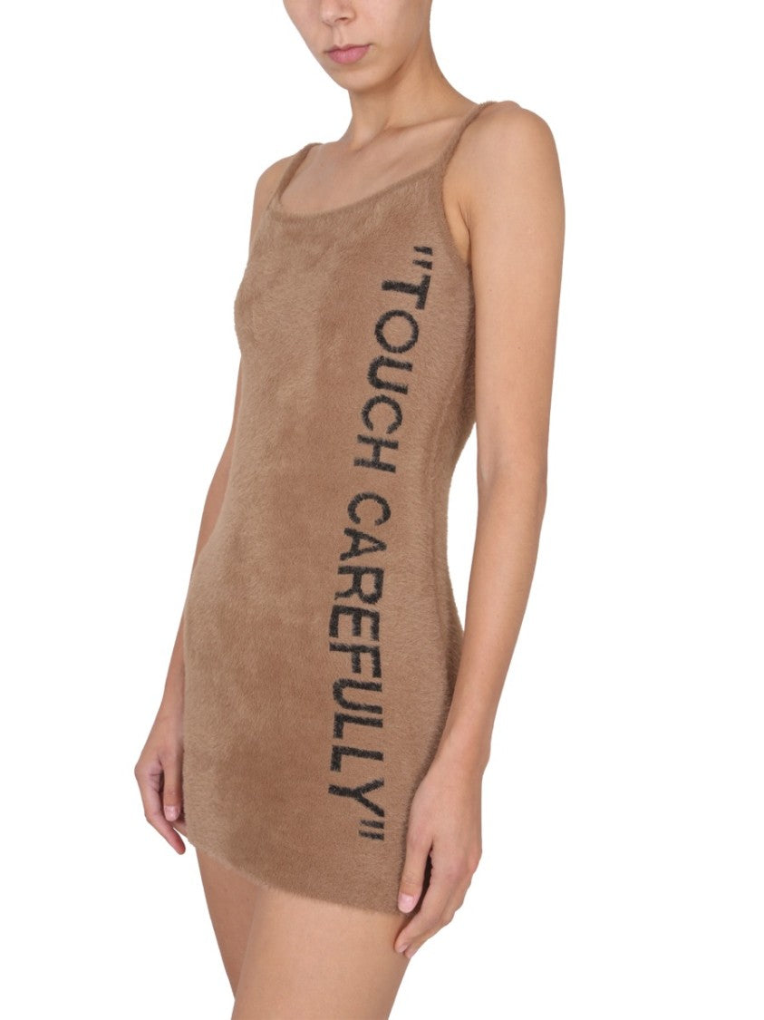 Off-White Fuzzy Mini Dress With Round Neckline