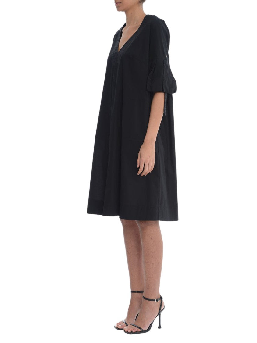Fay Knee-Length Black V-Neck Gathered Dress