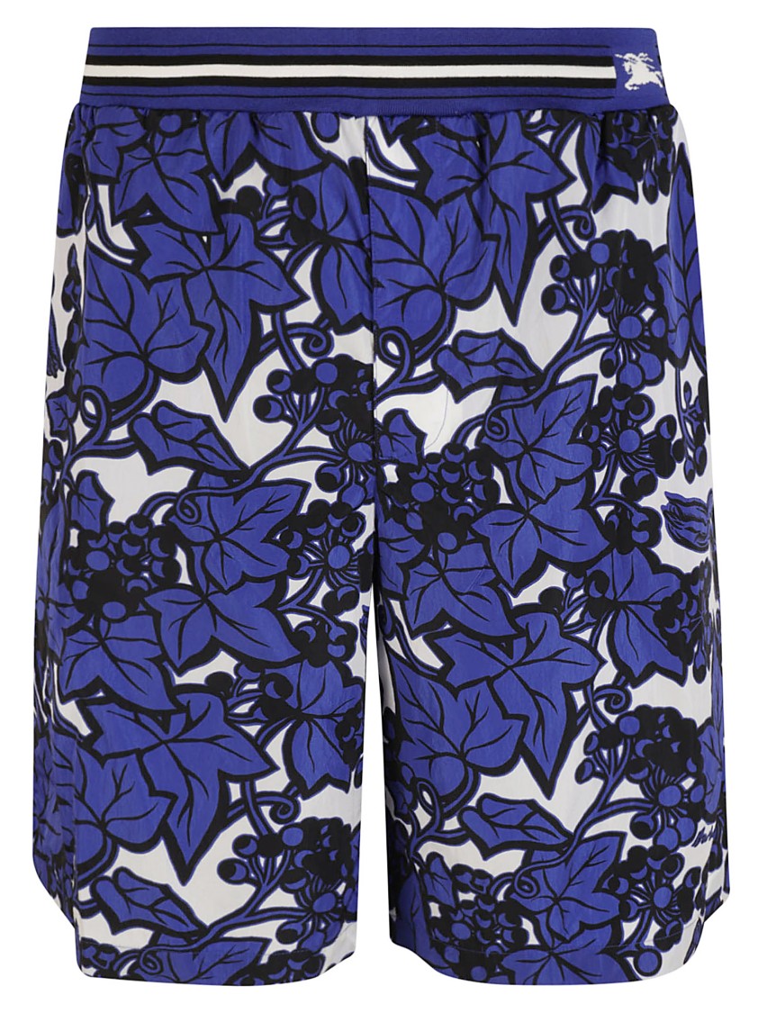 Burberry Floral Patterned Blue Shorts With Striped Waistband