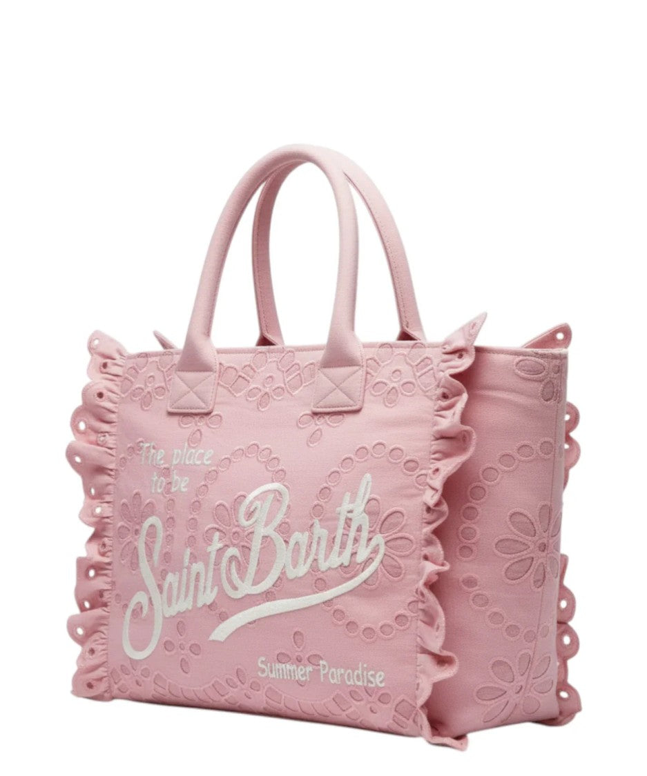 Mc2 Saint Barth Intricate Eyelet Floral Tote Bag With Ruffled Edges