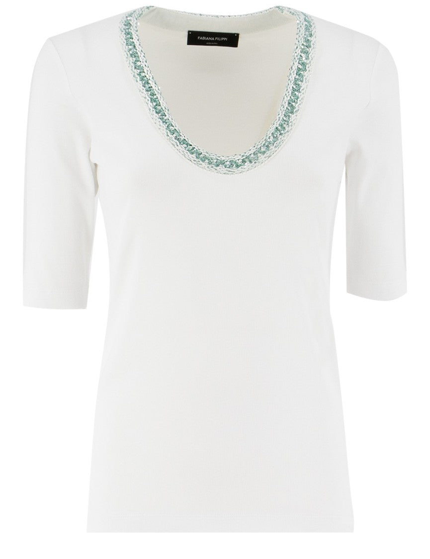 Fabiana Filippi White Cotton T-Shirt With Sequined Neckline