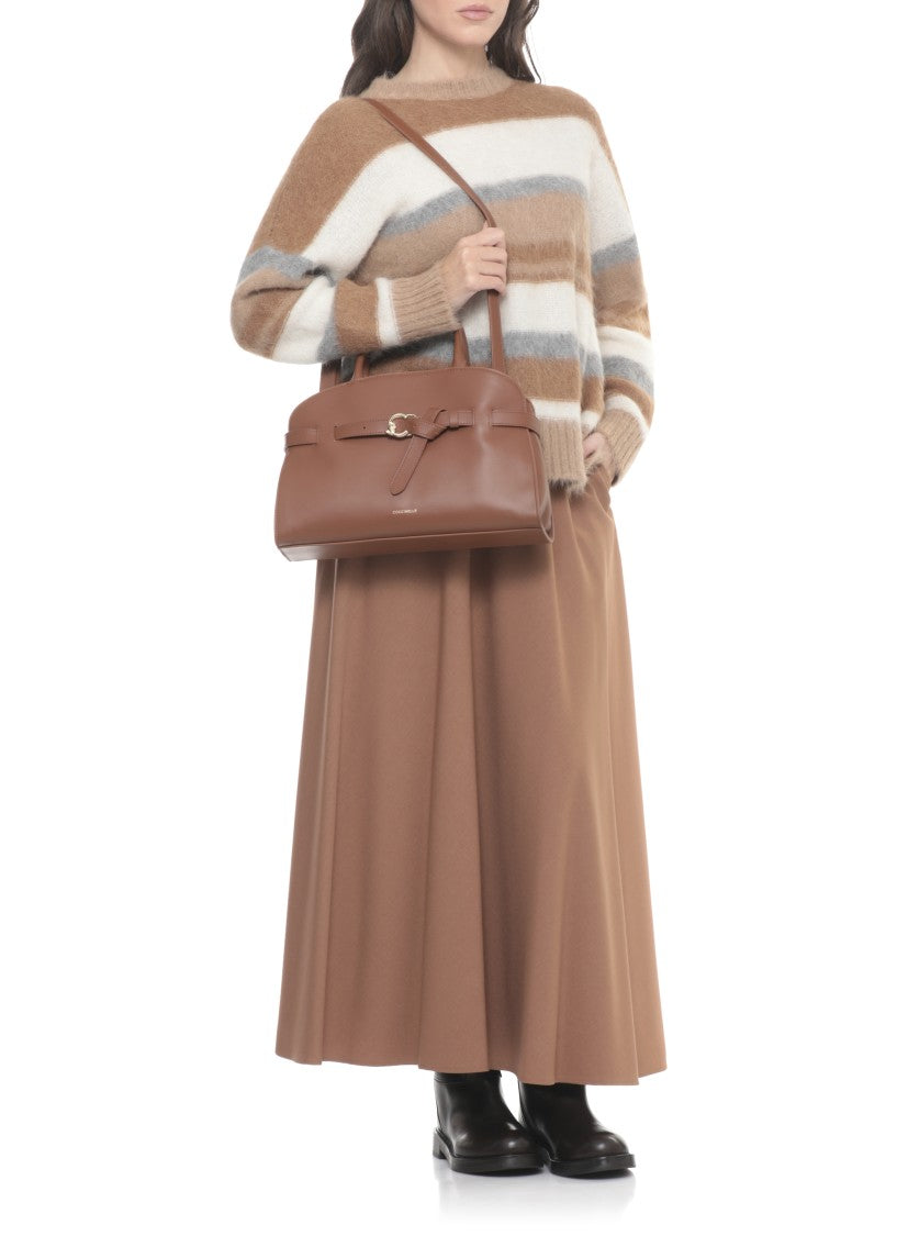 Coccinelle Structured Shoulder Bag In Smooth Brown Leather With Golden Accents