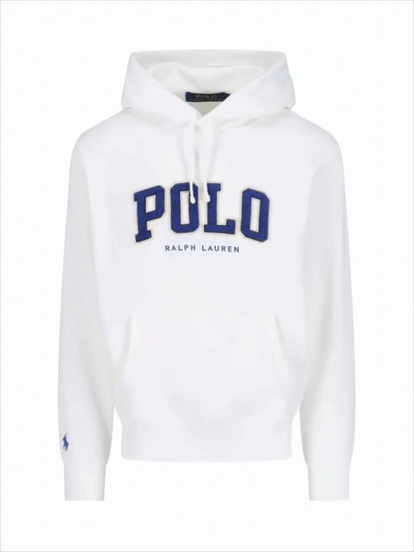 Polo Ralph Lauren White Hoodie With Bold Polo Text And Kangaroo Pocket