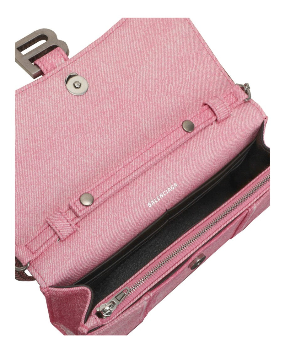 Balenciaga Denim Print Hourglass Wallet On A Chain