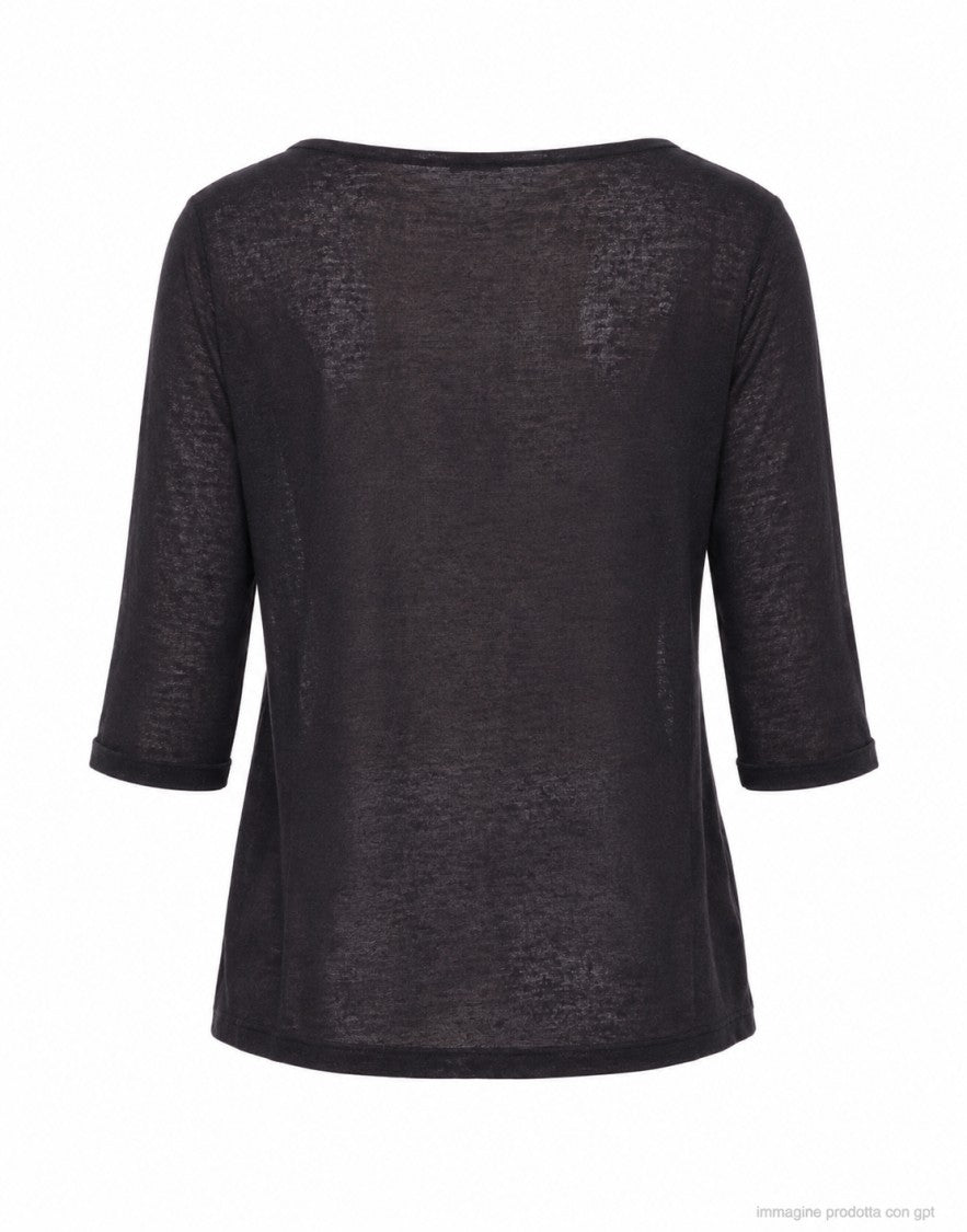 Aragona Black Relaxed Fit Linen Boat-Neck Top
