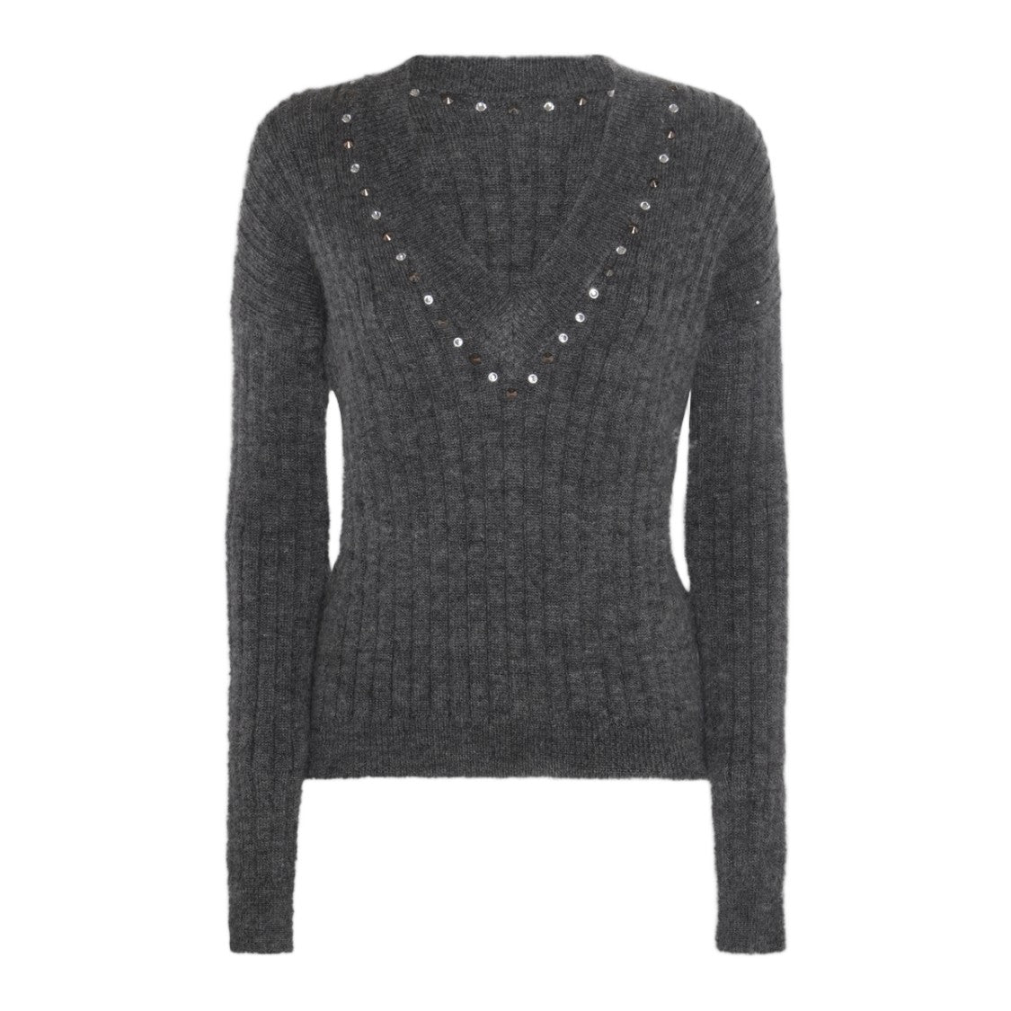 Alessandra Rich Deep V-Neck Ribbed Sweater With Metallic Stud Details