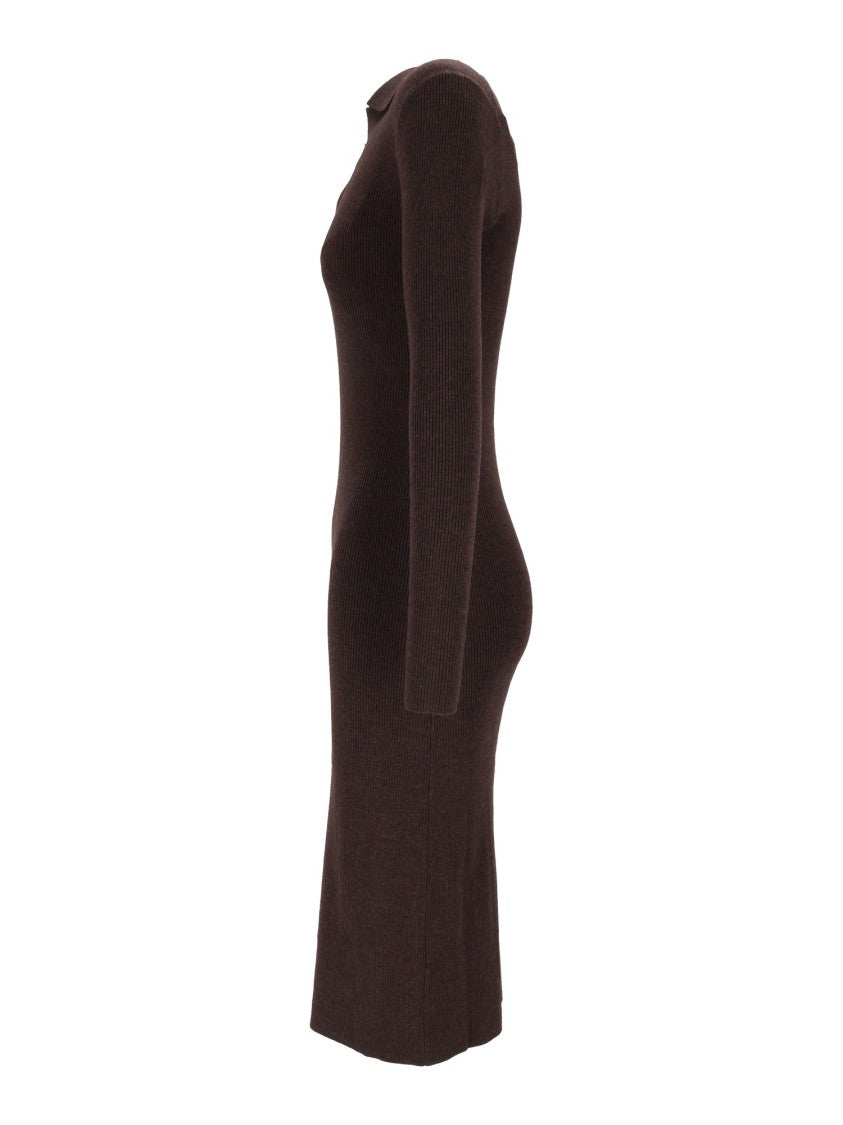 Mc2 Saint Barth Brown Octavia Merino Ribbed Wool Long-Sleeved Polo Dress