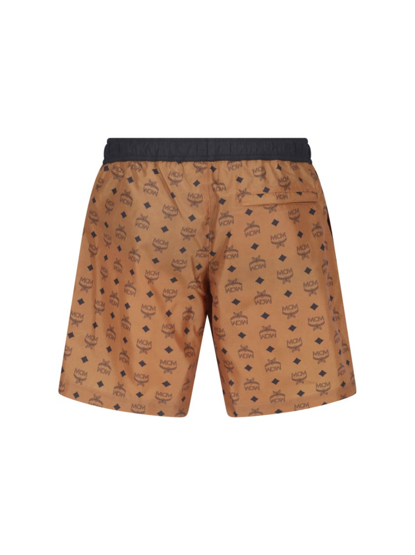 Mcm Brown Visetos Monogram Swim Shorts