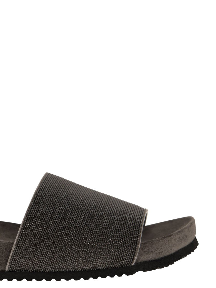 Brunello Cucinelli Lignite Slides With Embroidered Monili Embellishment
