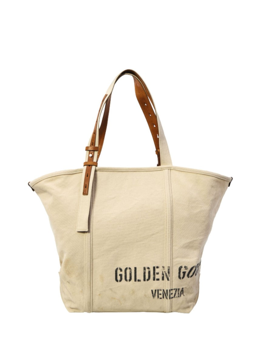 Golden Goose Ecru Leather Inserts Cotton Tote Bag