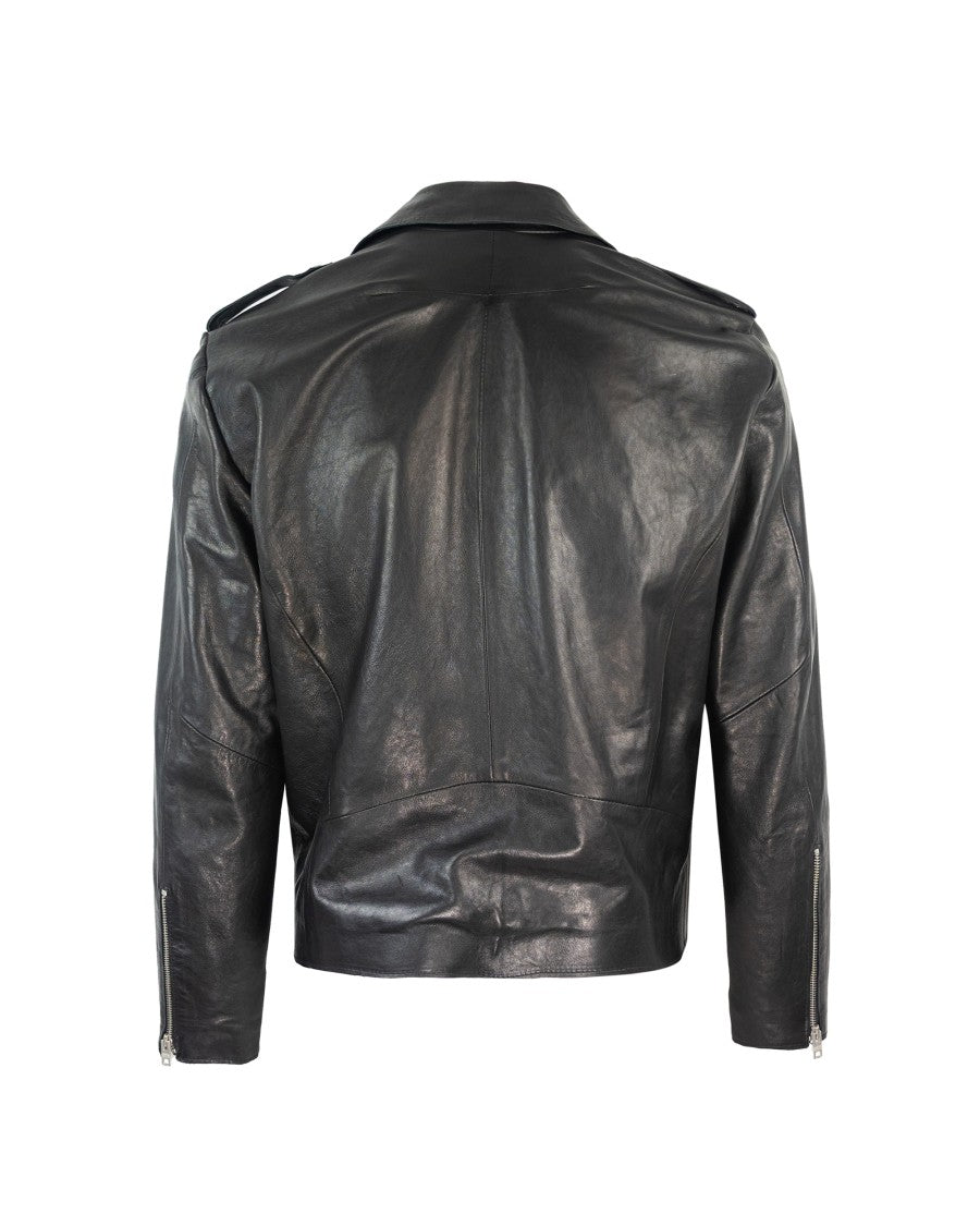 D-Four Black Leather Biker Jacket