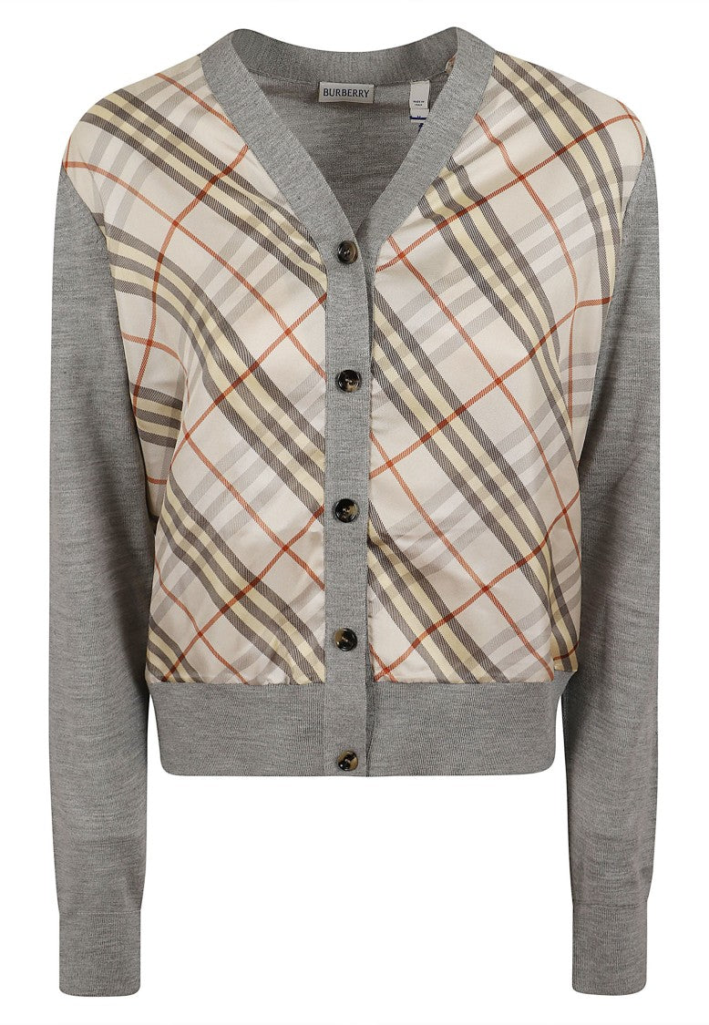 Burberry Sigourney Check Panel Fine-Knit Wool-Silk V-Neck Cardigan