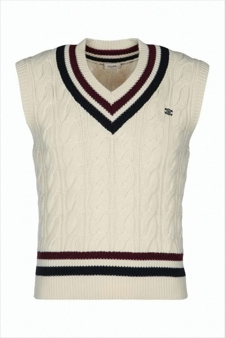 Celine Cashmere Knit Vest With Cable Pattern And Contrasting Stripes