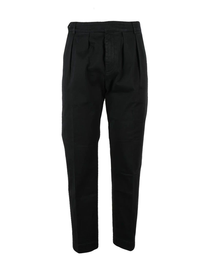 Dondup Black Tailored Pleated Front Stretch Cotton Trousers