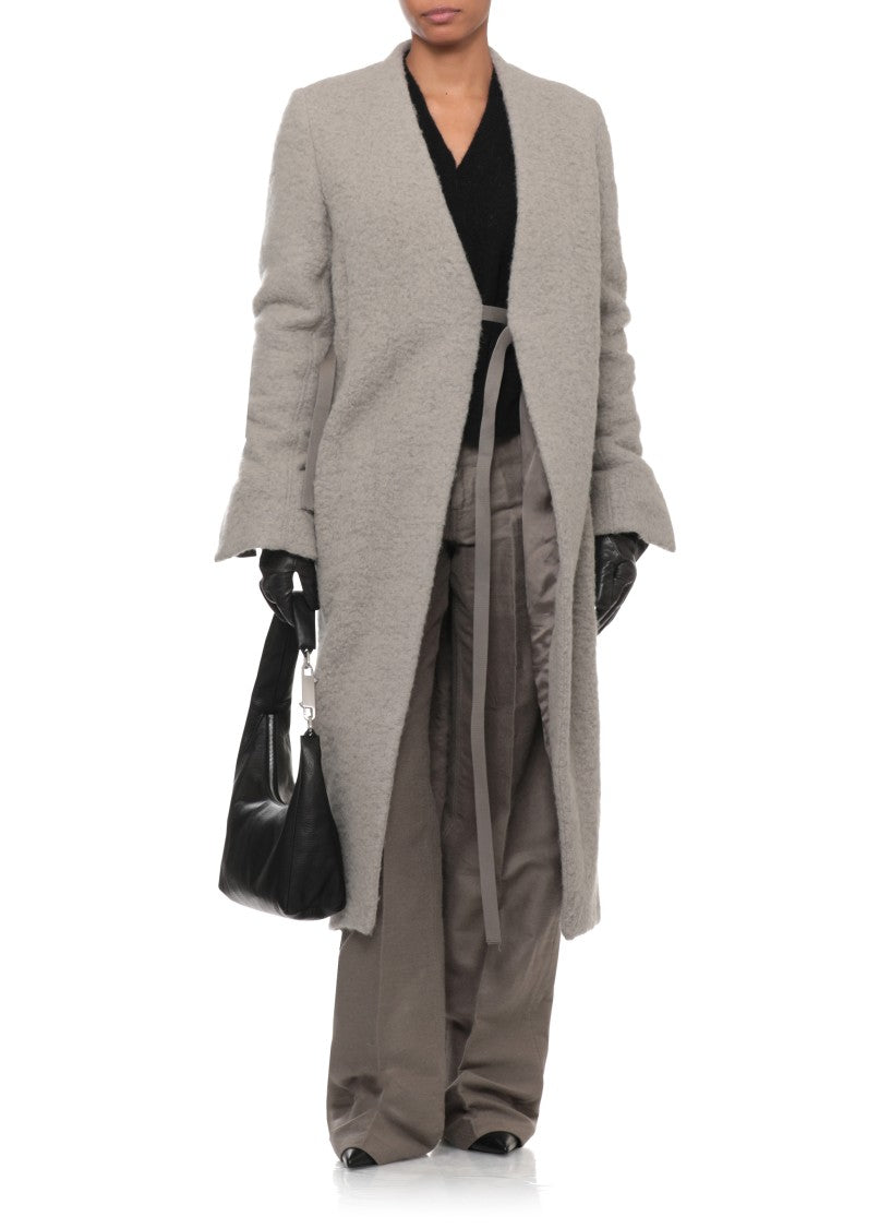 Rick Owens Textured Grey Wrap Coat With Lace Closure