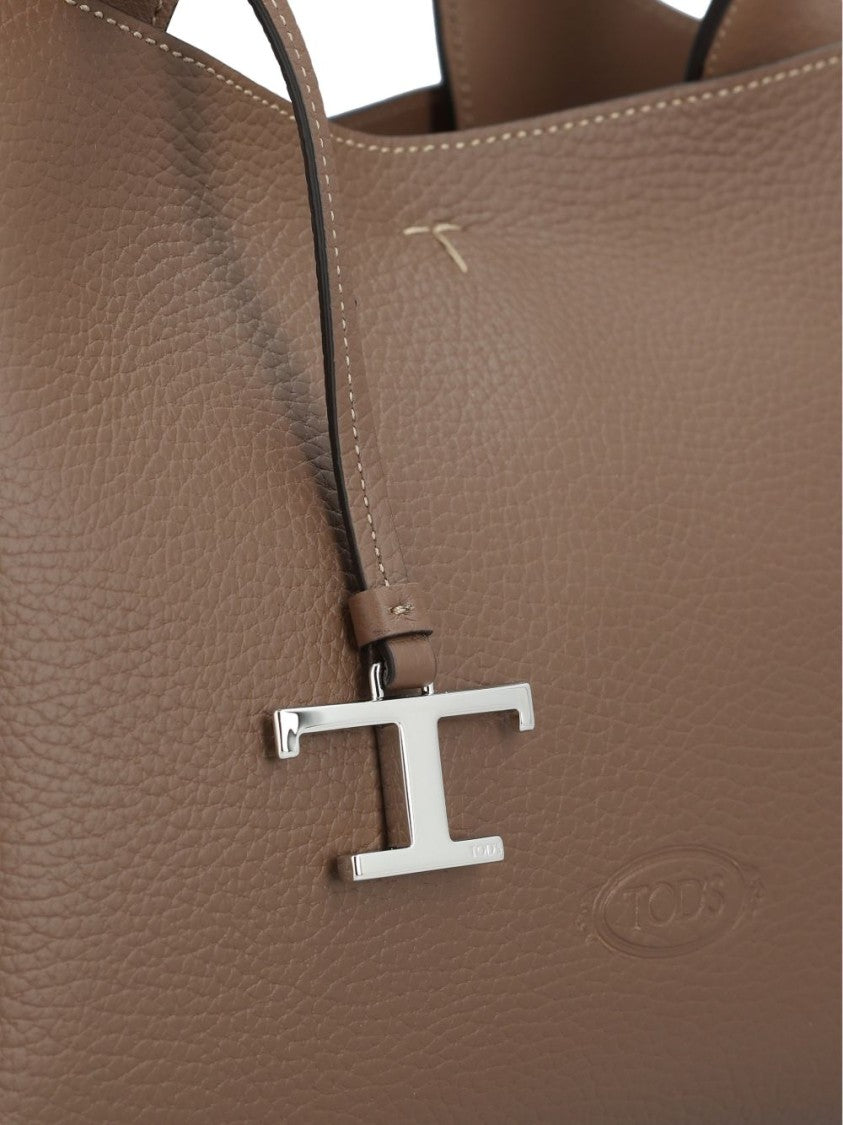 Tod's Brown Grained Leather T-Logo Charm Tote