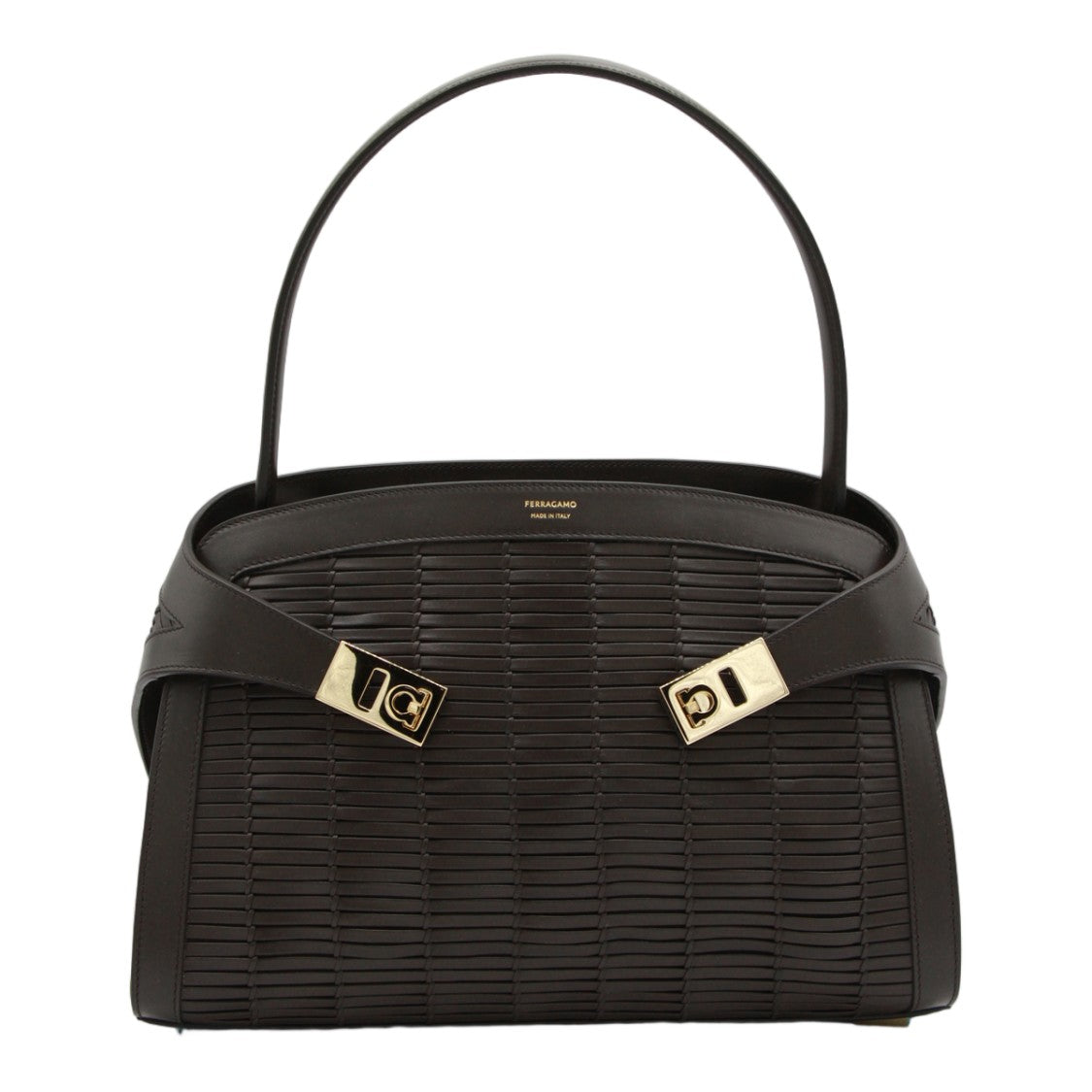 Ferragamo Structured Handbag With Woven Leather Design And Gold-Tone Accents