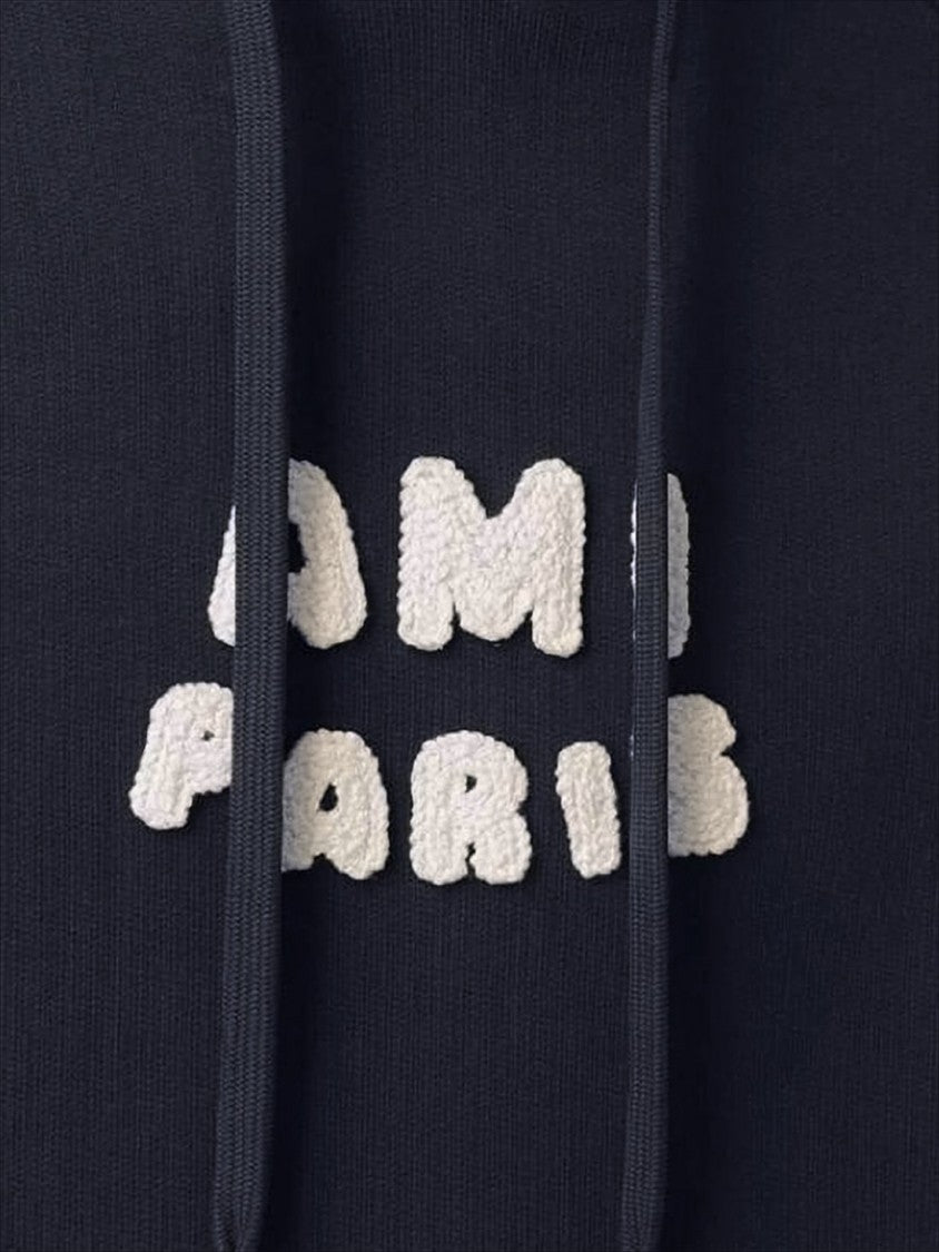 Ami Paris Cropped Black Hoodie With Textured Logo