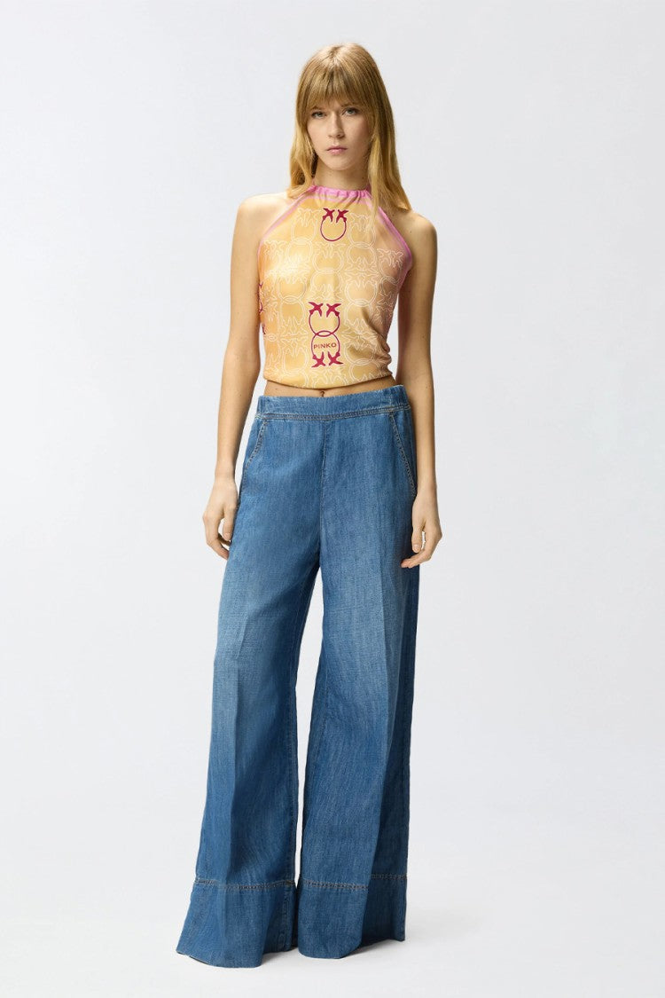 Pinko Blue Cuffed Contrast-Stitched Cotton-Linen Wide-Leg Pants
