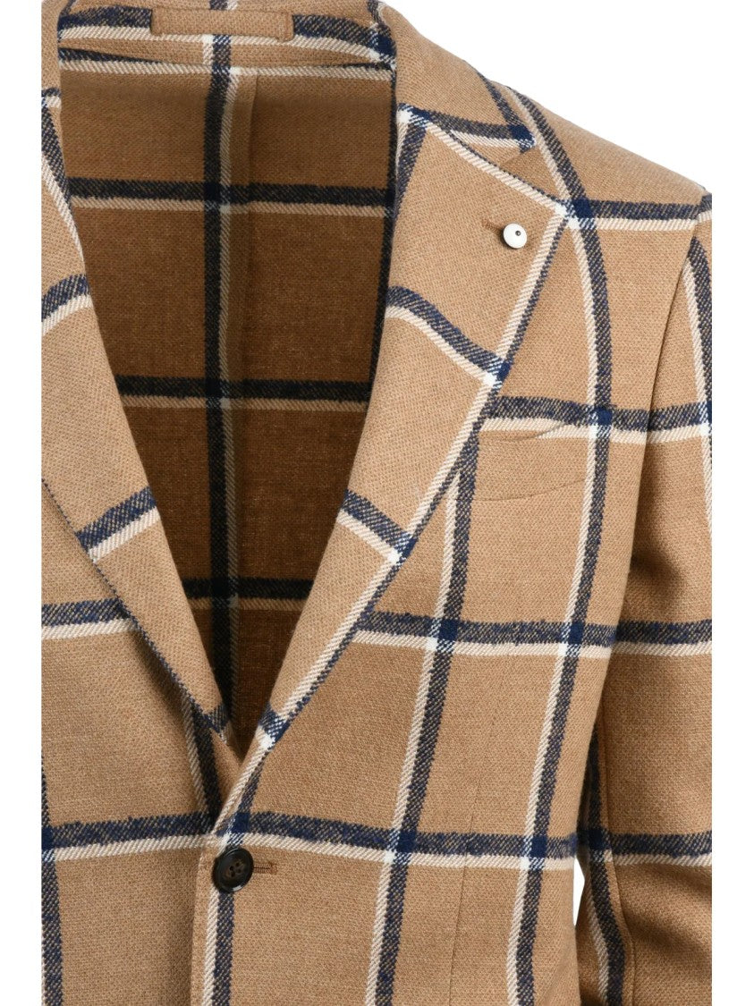 L.B.M. 1911 Beige And Blue Checked Fitted Jacket With Classic Lapel