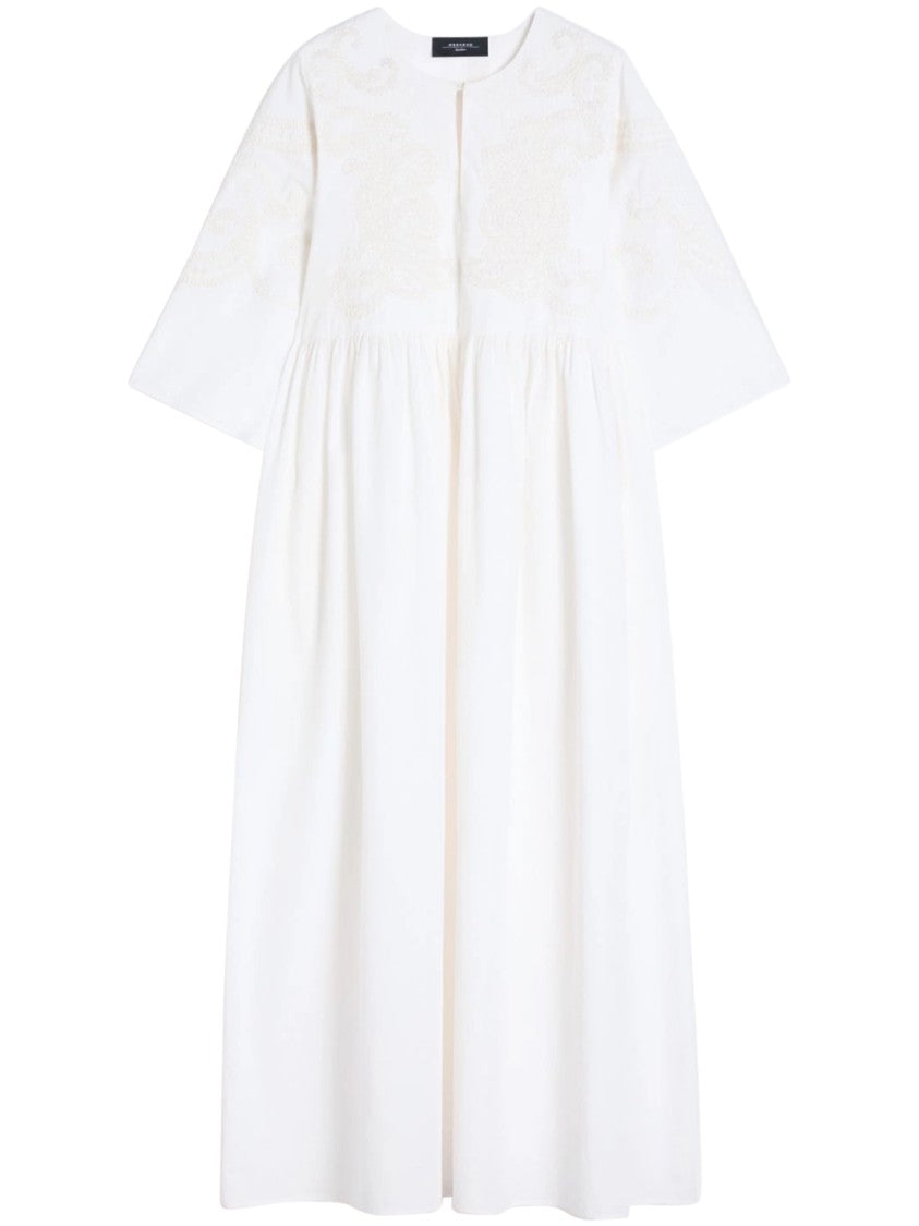 Max Mara Midi Dress With Gathered Waist And Floral Embroidery