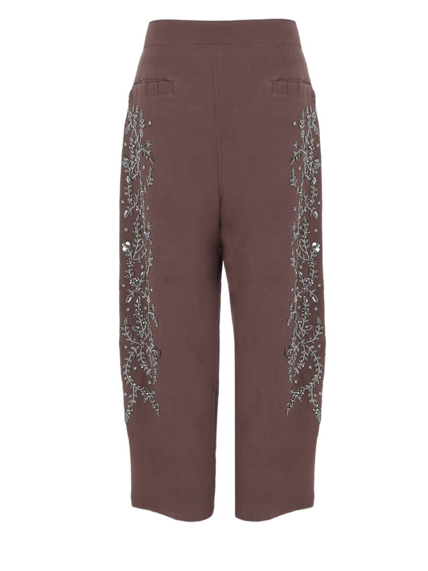 Novelle Brown Floral Embroidered Cotton Straight-Leg Pants