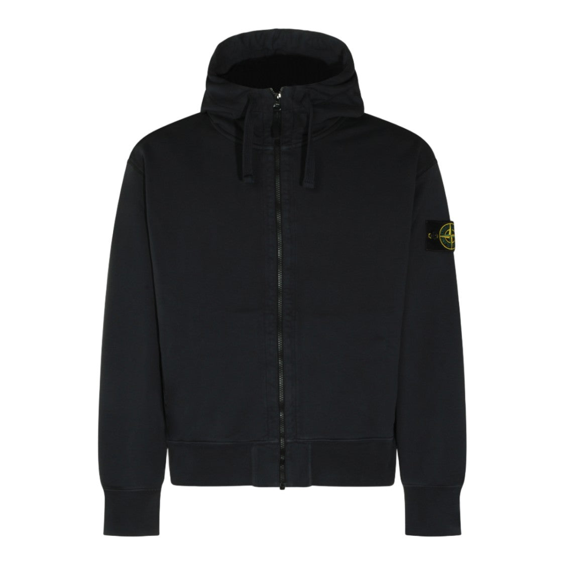 Stone Island Black Zip-Up Hoodie With High Collar And Distinctive Patch Logo