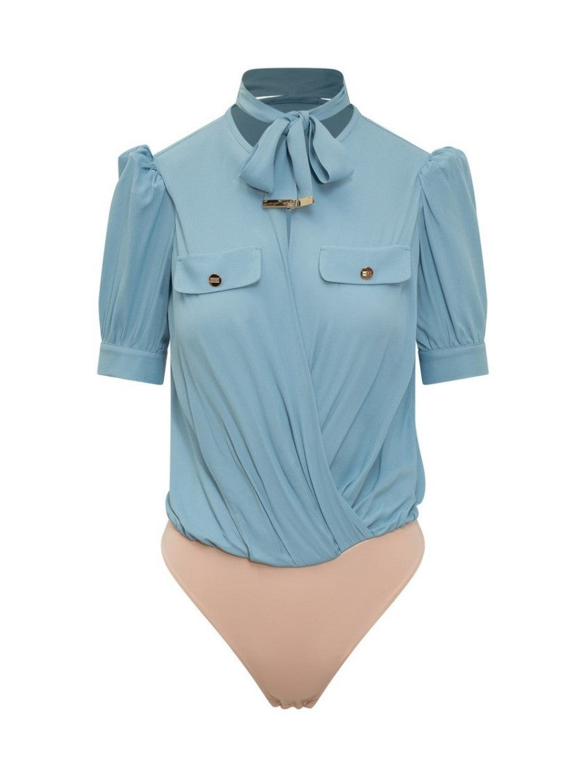 Elisabetta Franchi Draped Blue Bodysuit Tie-Neck Detail Pockets