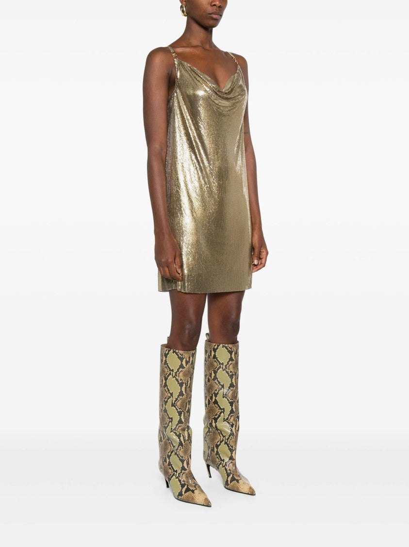 Versace Metallic Mesh Mini Dress With Draped Neckline