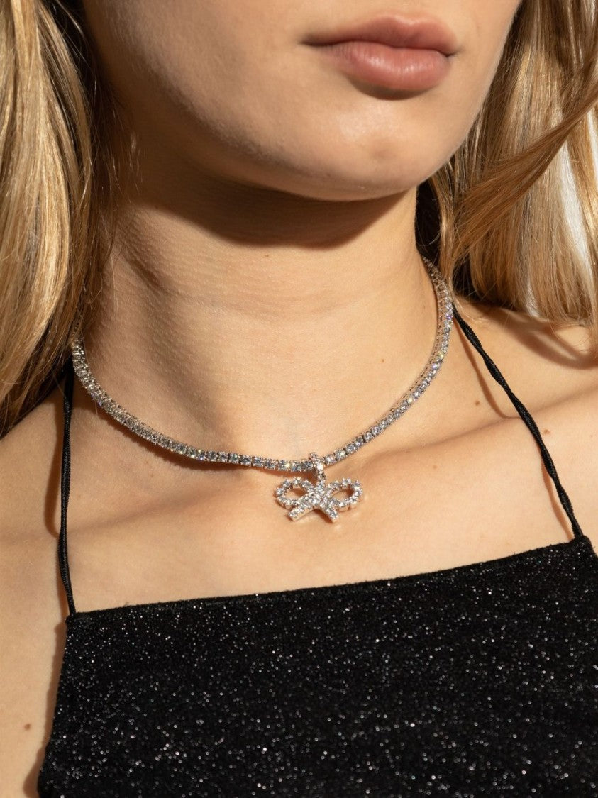 Self-Portrait Delicate Silver Necklace With Crystal-Embellished Bow Design