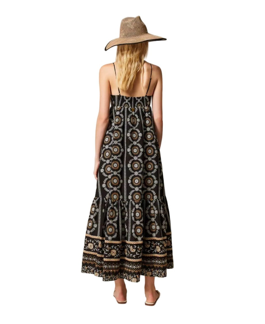 Twinset U&B Black Cotton Muslin Sangallo Embroidery Empire Dress