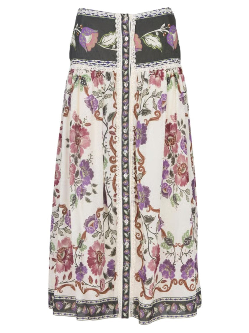 Farm Rio Multicolor Wide Floral-Trimmed Midi Skirt