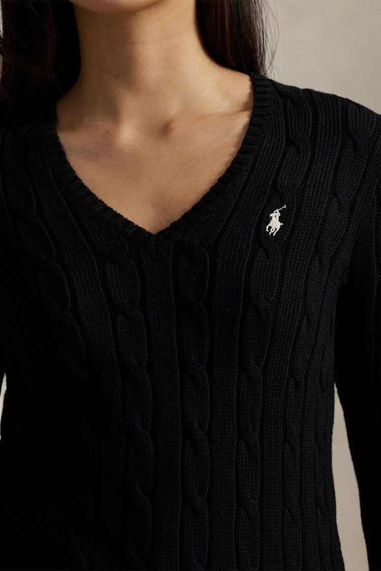 Polo Ralph Lauren Black Cotton Cable-Knit V-Neck Sweater