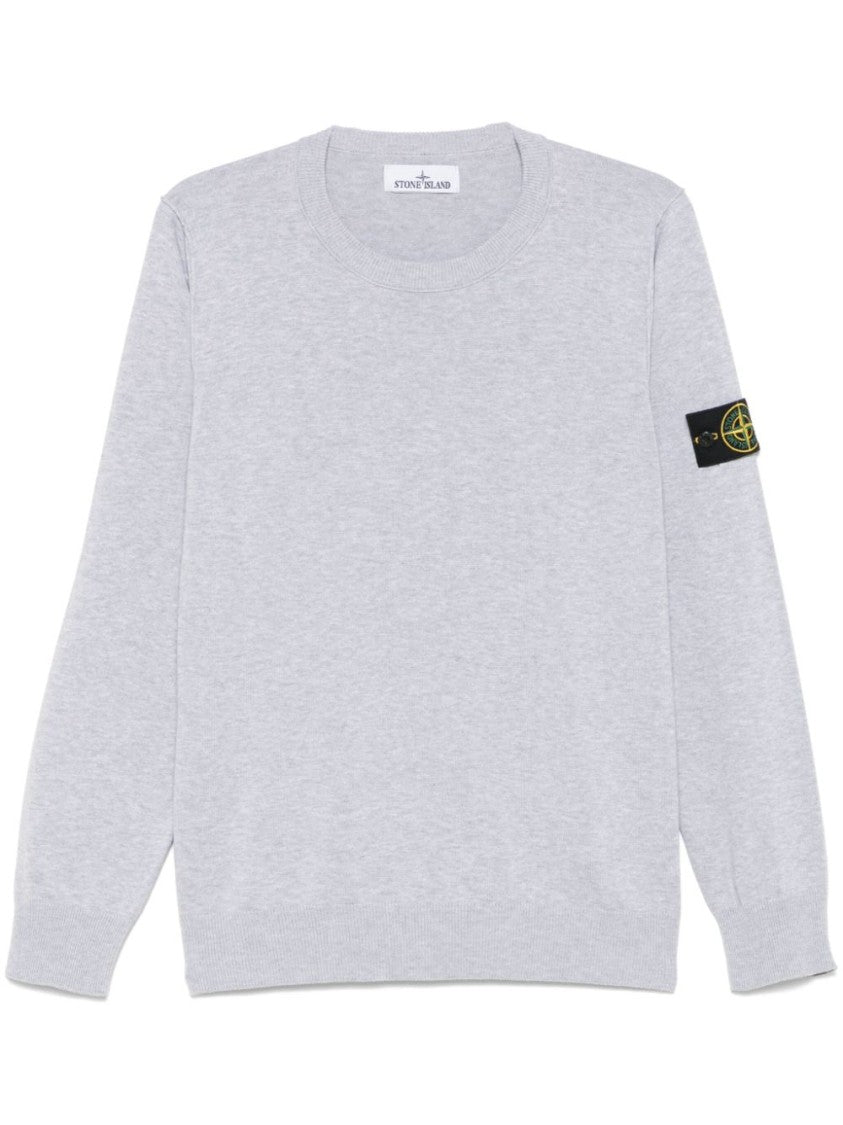 Stone Island Crew Neck Grey Knit Sweatshirt With Logo Patch