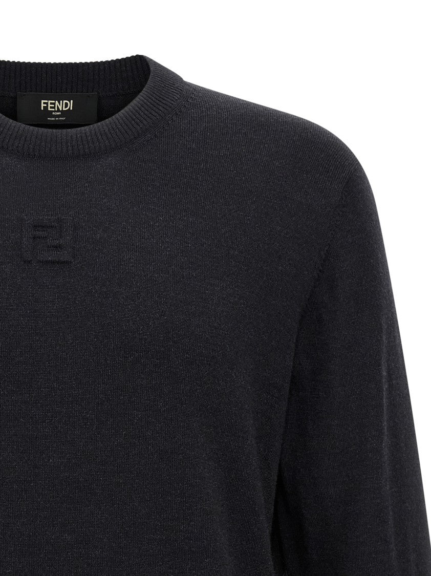 Fendi Embossed Logo Wool Yarn Sweater With Crew Neck And Cuffed Sleeves