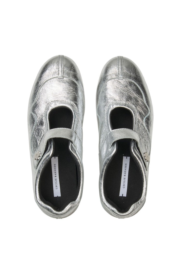 Cecilie Bahnsen Textured Silver Leather Mary Jane Sneakers With Velcro Closure