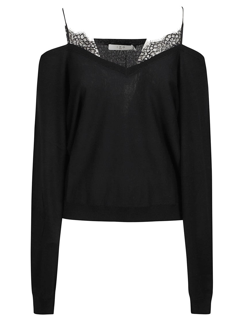 Iro Cold-Shoulder Black Sweater With Lace Trim And Cropped Fit