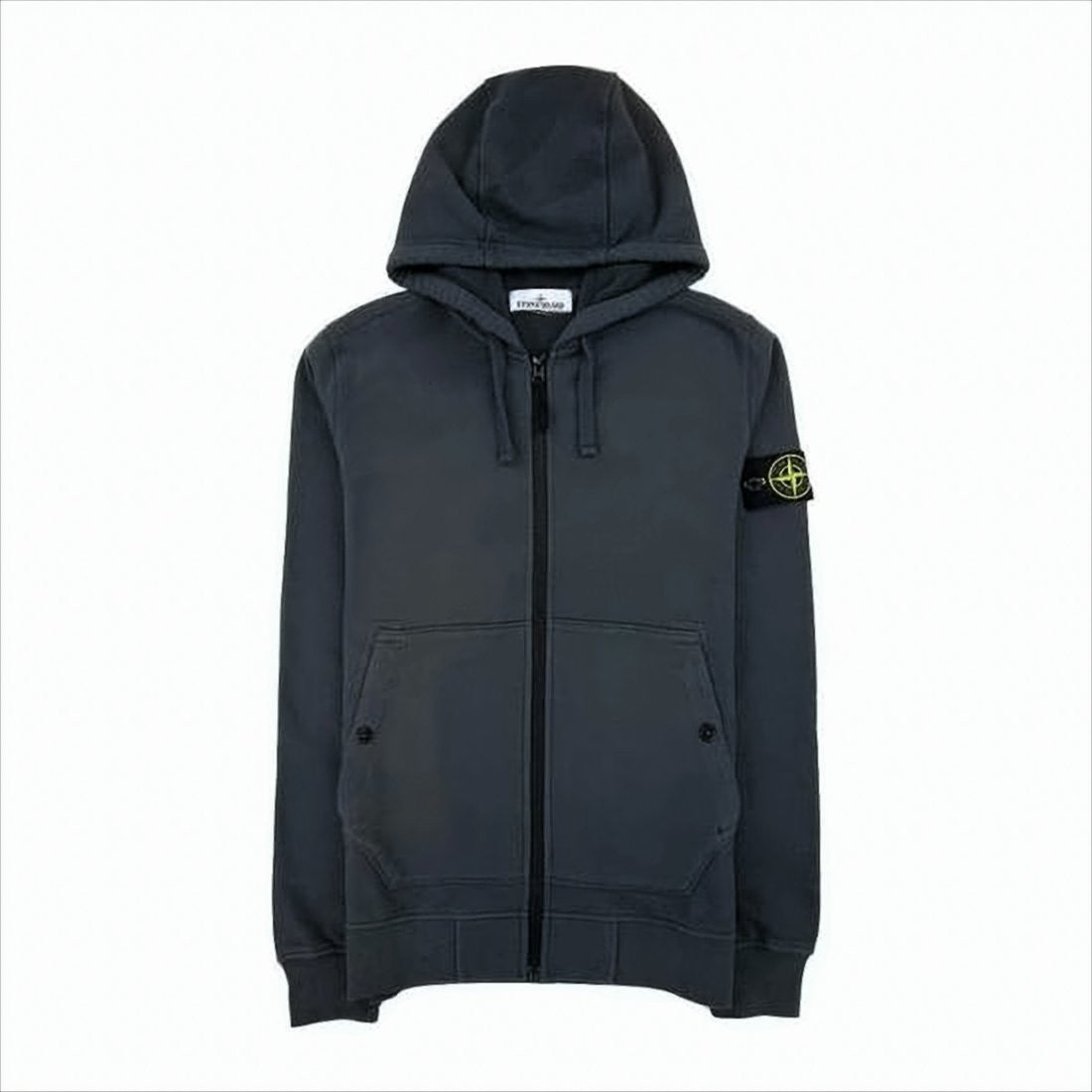 Stone Island Zip-Up Black Cotton Hoodie With Iconic Patch