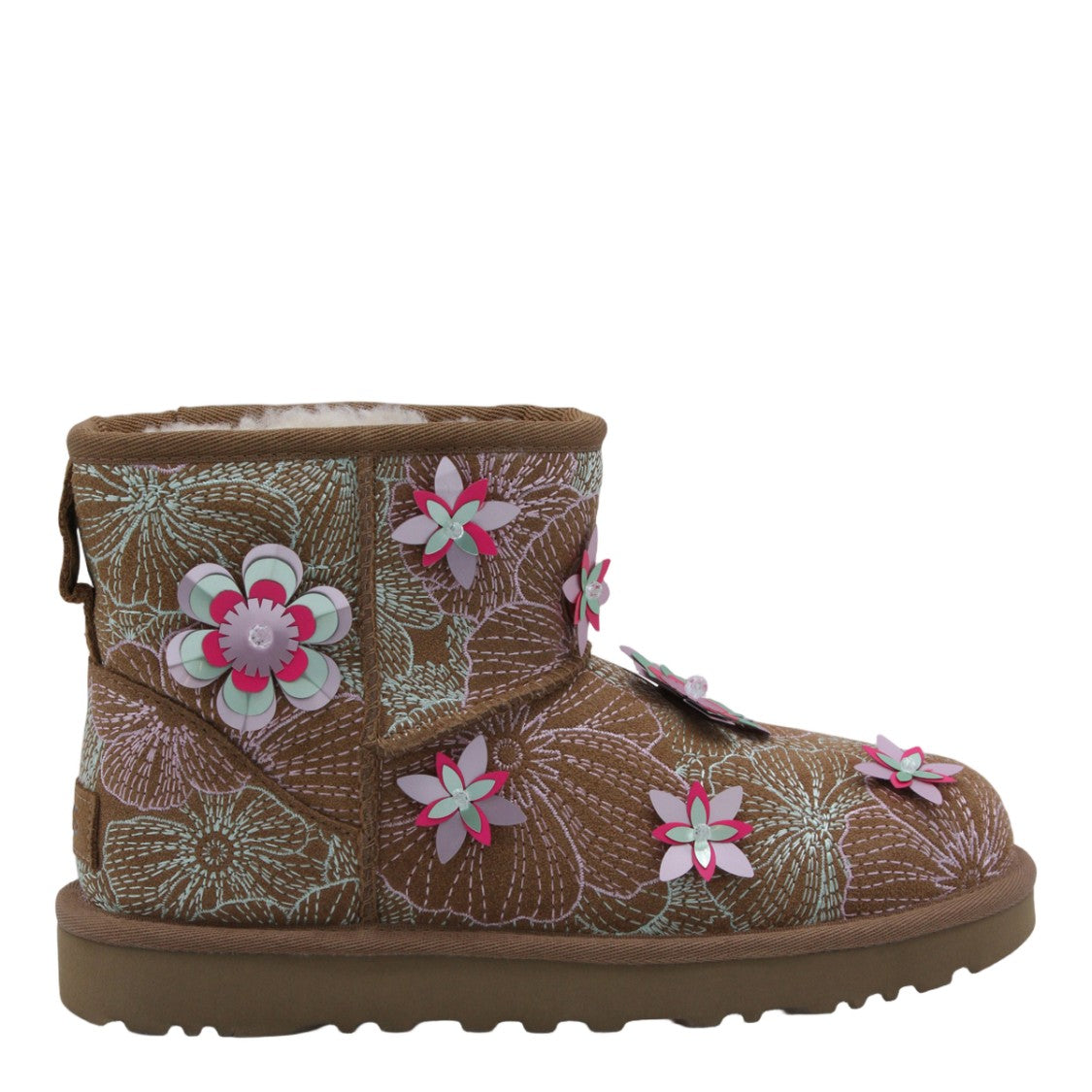 Ugg Textured Brown Ankle Boots With Floral Appliqués