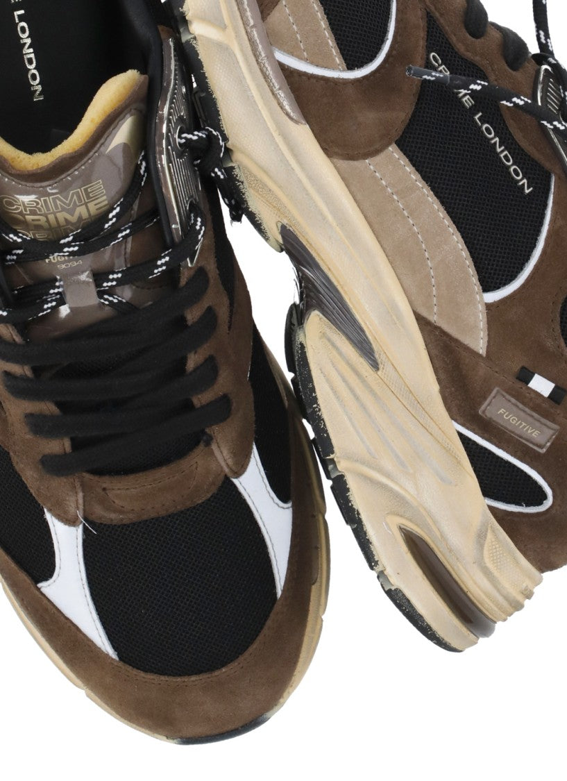 Crime London Brown Fugitive 9094 Leather Mesh Used-Effect Sneakers