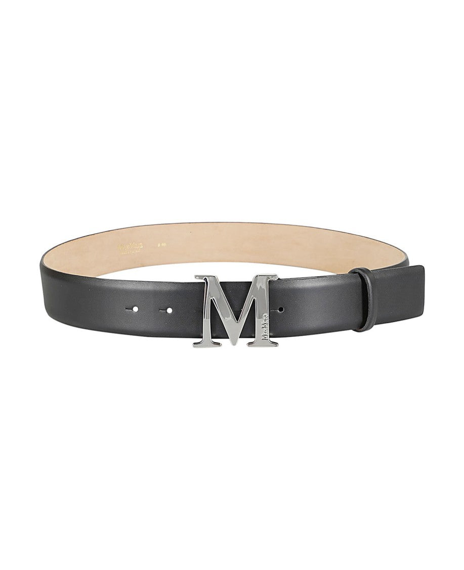 Max Mara Smooth Black Leather Belt With Polished Silver Letter 'M' Buckle