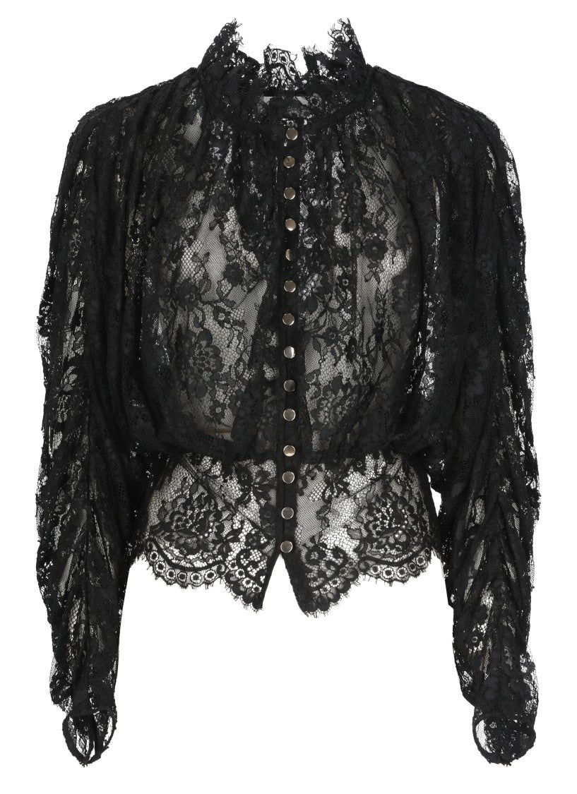 Self-Portrait Delicate Black Lace Shirt With High Collar And Gold Accents
