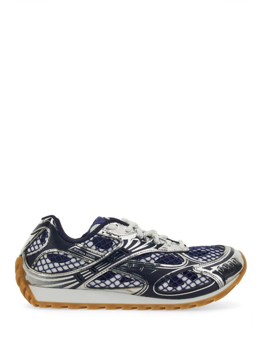 Bottega Veneta Futuristic Metallic Silver Sneakers With Navy Blue Mesh Accents