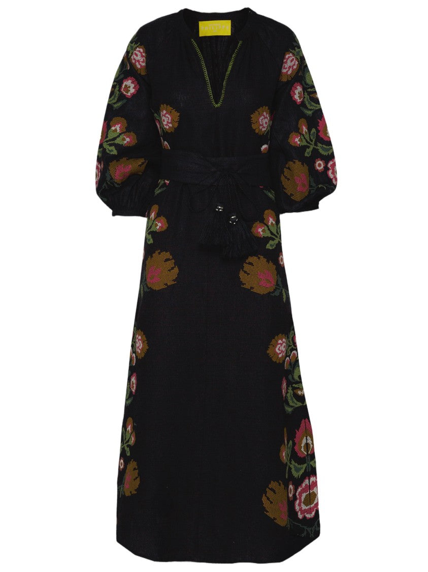 Philippa 1970 Black Linen Dress With Colorful Floral Embroidery