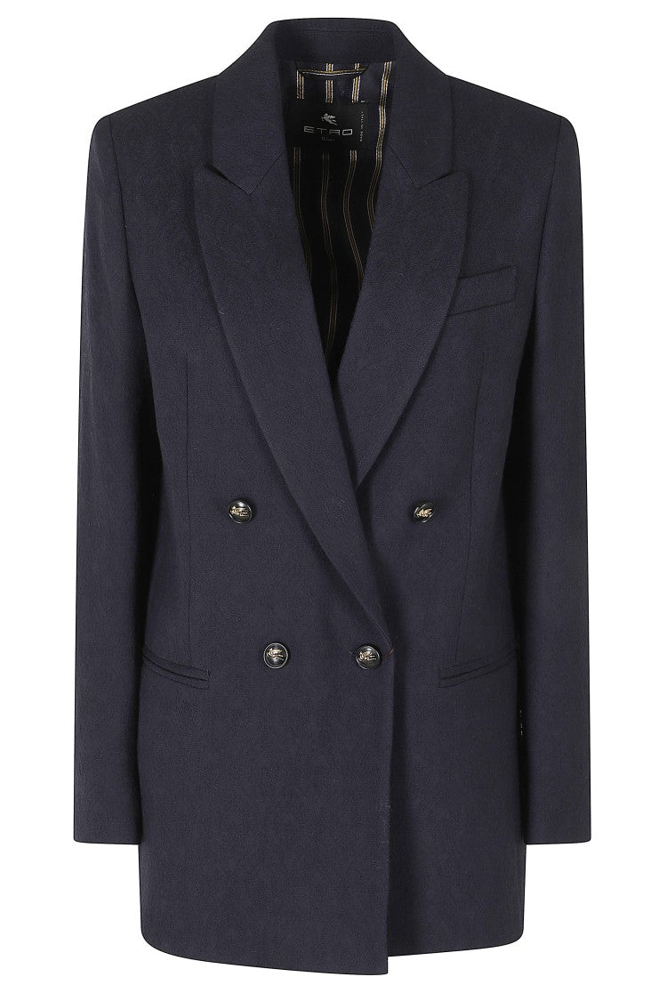 Etro Very Dark Blue Double-Breasted Embroidered Wool Blazer