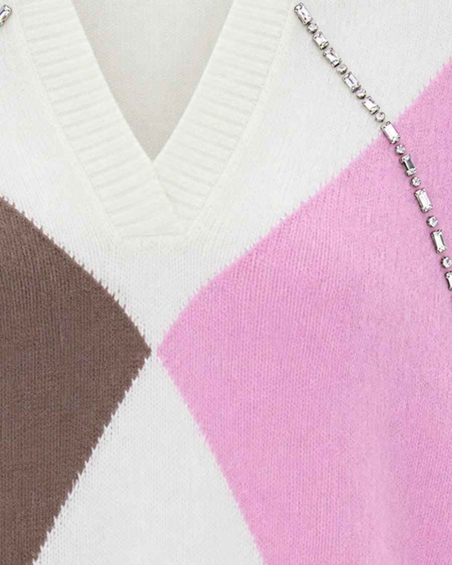 Liu Jo Pink Argyle Rhinestone V-Neck Sweater