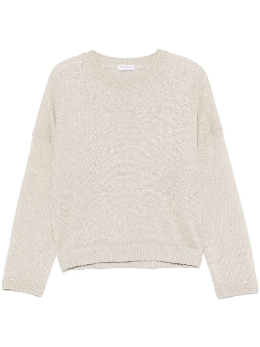 Brunello Cucinelli Beige All-Over Sequins Linen-Silk Sweater