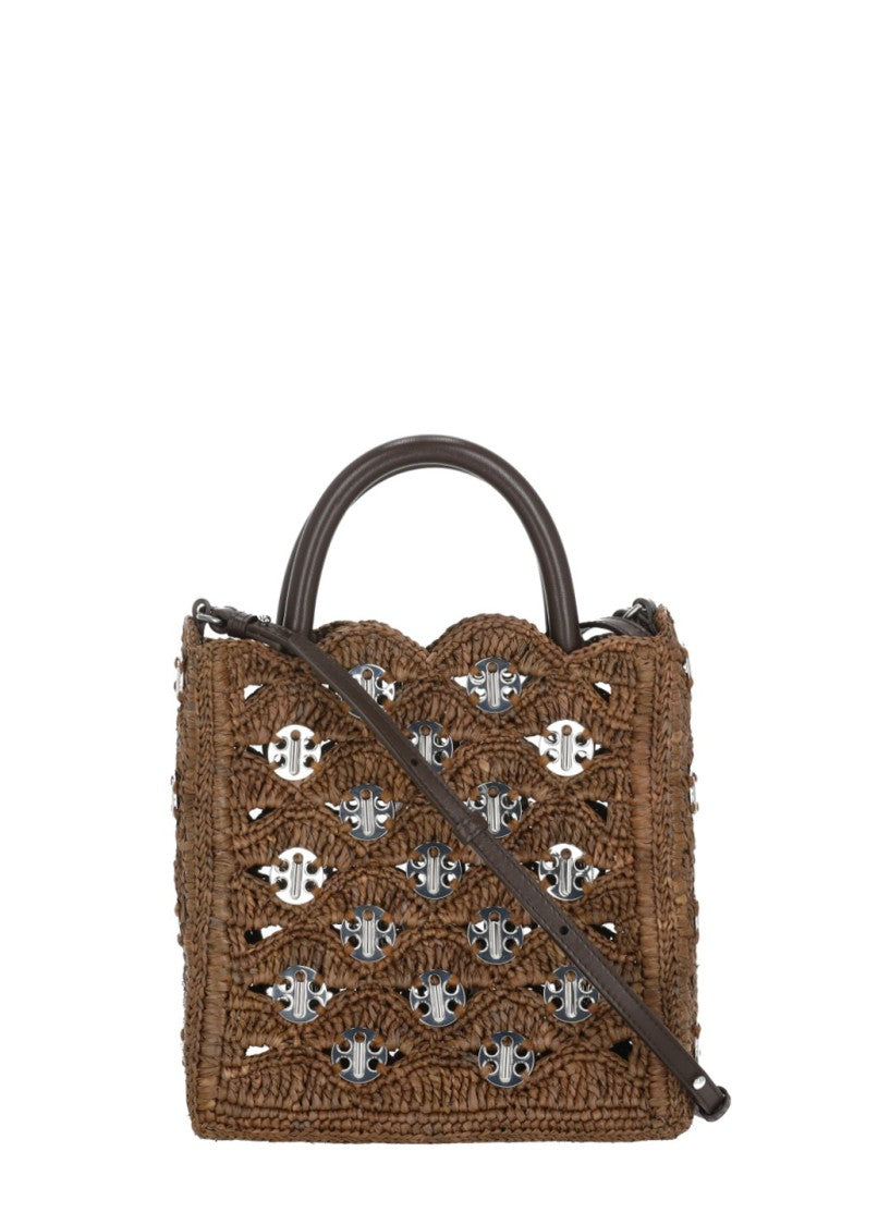 Rabanne Brown Woven Raphia Silver Disc Detail Handbag